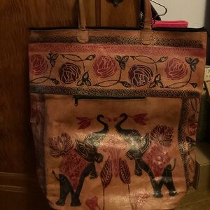Elegant Brown Tooled Leather Tote Bag with Elephant Design
